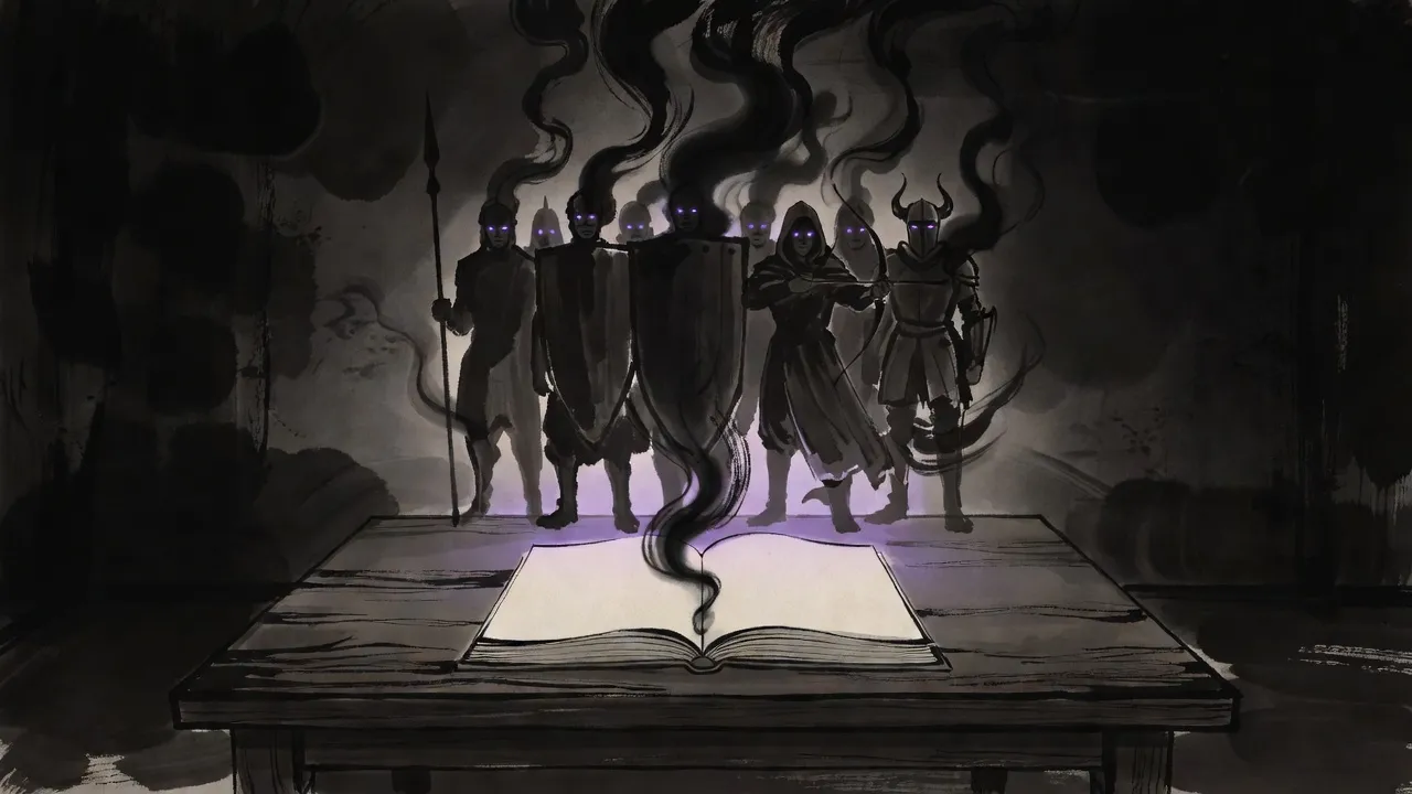 An open paperback with blank pages on a dark table at night; black ink rises from it like smoke and spreads up the wall into a row of shadowy soldiers with violet eyes.