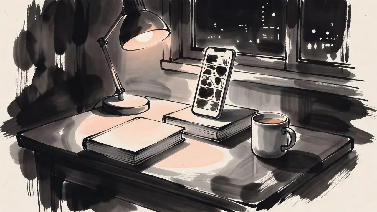 A smartphone showing a tall strip of abstract ink panels stands propped against a closed paperback on a lamplit desk at night.