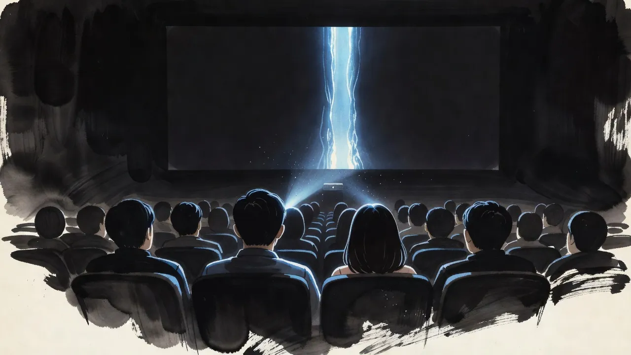 From the back of a dark cinema, an audience in silhouette faces a huge screen glowing with a tall blue rift of light.