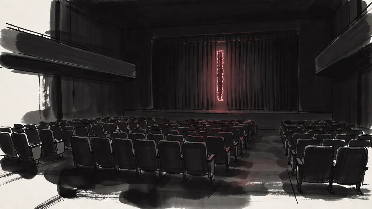 In an empty, dark cinema, a tall rift of crimson light hangs in front of a closed stage curtain above rows of empty seats.