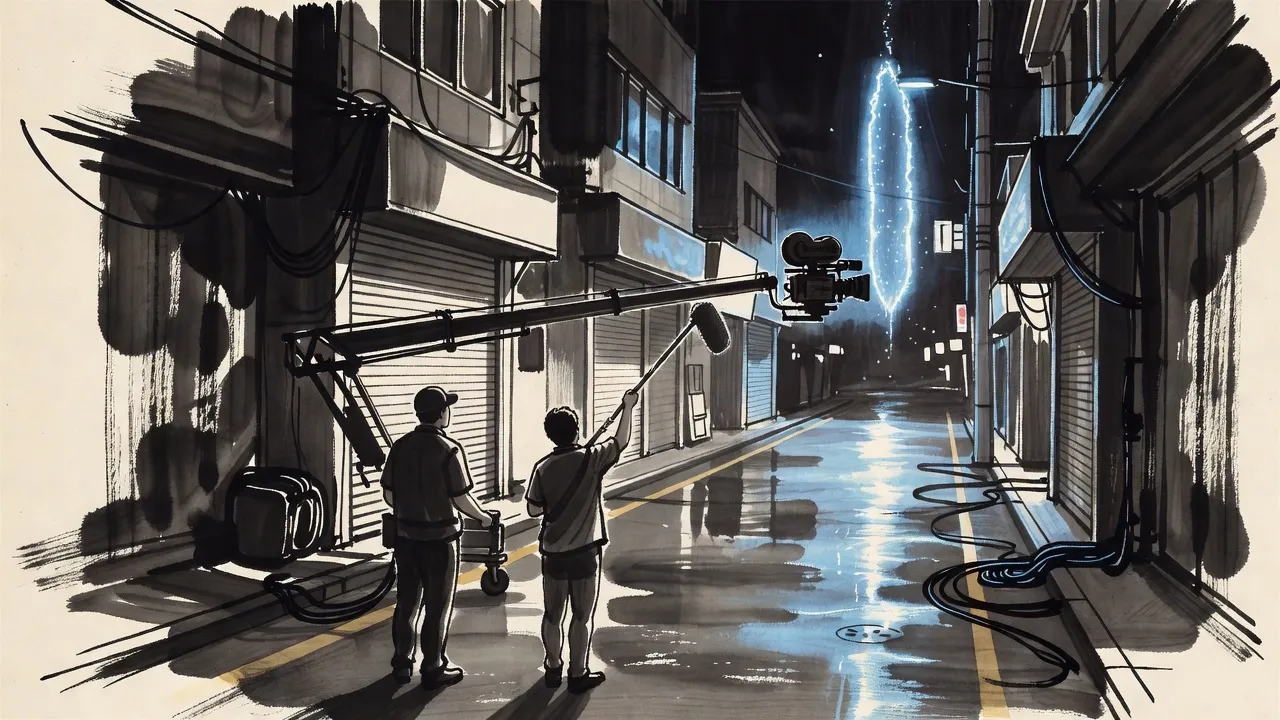 A camera on a long crane reaches over a wet city side street at night toward a tall rift of blue light, two crew members small in the foreground.