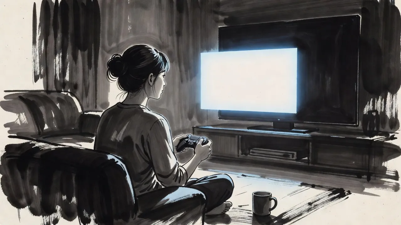 A young woman seen from behind sits on a living-room floor at night holding a game controller, a blank pane of blue light hanging in the air before her.