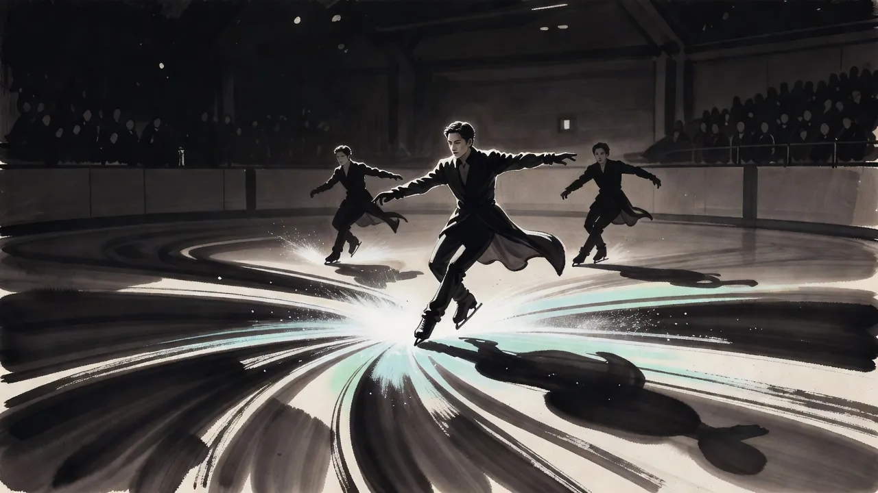 A figure skater in a long dark coat carves across a dark arena’s ice lit by blue-green projected light, two skaters behind him.