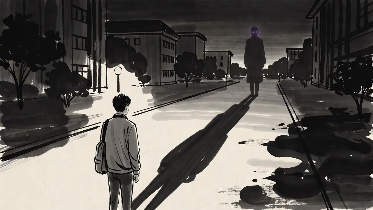 A young man seen from behind stands on a campus path at night, his long shadow rising off the paving at its far end into a faint figure with violet eyes.