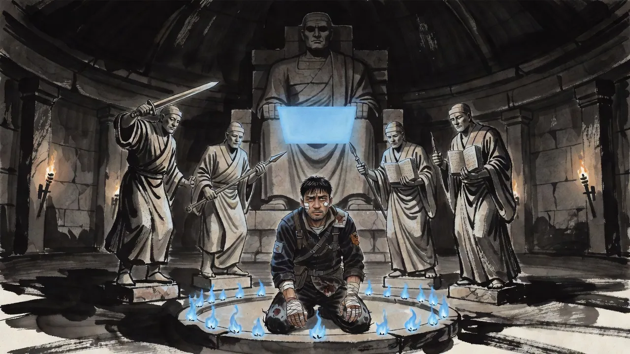 A battered young man kneels alone on a round stone altar ringed with small blue flames in a vast dark temple, his face lit by a blank pane of blue light hanging in the air, stone statues closing in behind him.