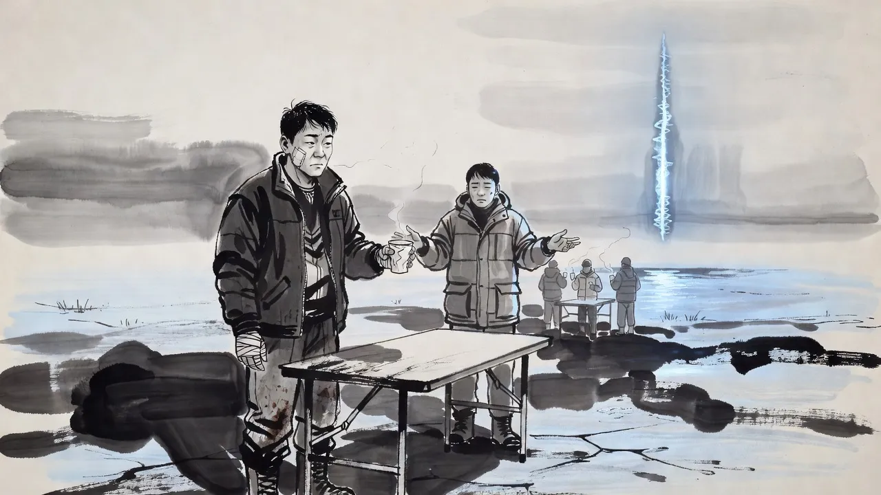 A tired young man in a cheap padded jacket holds out an empty paper cup at a folding table in the cold while an employee spreads his hands in apology, a blue rift of light hanging in the air behind them.