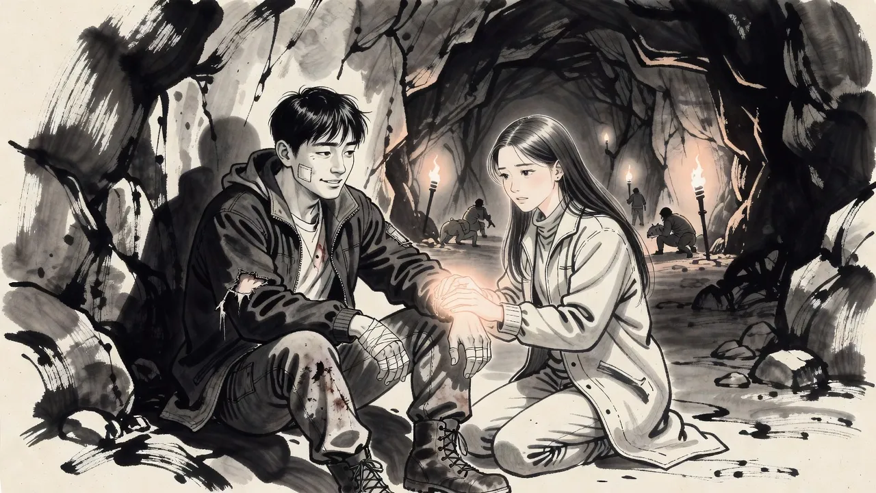 In a torchlit cave a young woman with long dark hair kneels beside a wounded young man sitting against the rock, her hands glowing over his arm as she scolds him, figures fighting in the dark behind.