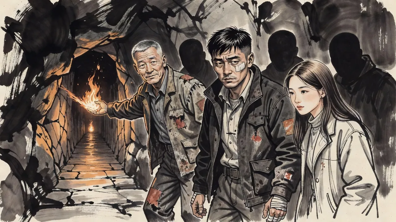 An older hunter with a grey crew cut flings a ball of fire down an endless stone passage while a young man and a young woman peer after it from the opening.
