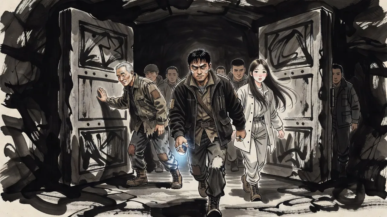 Two colossal carved stone doors swing inward at the end of a dark tunnel as an older man pushes one and a young man strides toward the gap, pulling a startled young woman by the wrist.