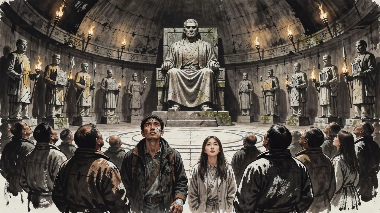 Torches flare along the walls of a vast domed stone hall where a colossal seated stone statue towers over a tiny cluster of hunters on the mossy floor.