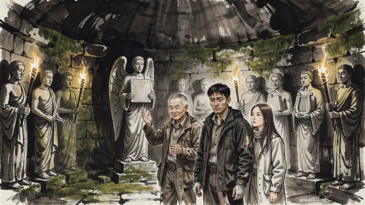 Three hunters crowd before a winged stone statue in a torchlit corner of a mossy temple, an older man leaning close to the blank stone slate it holds.