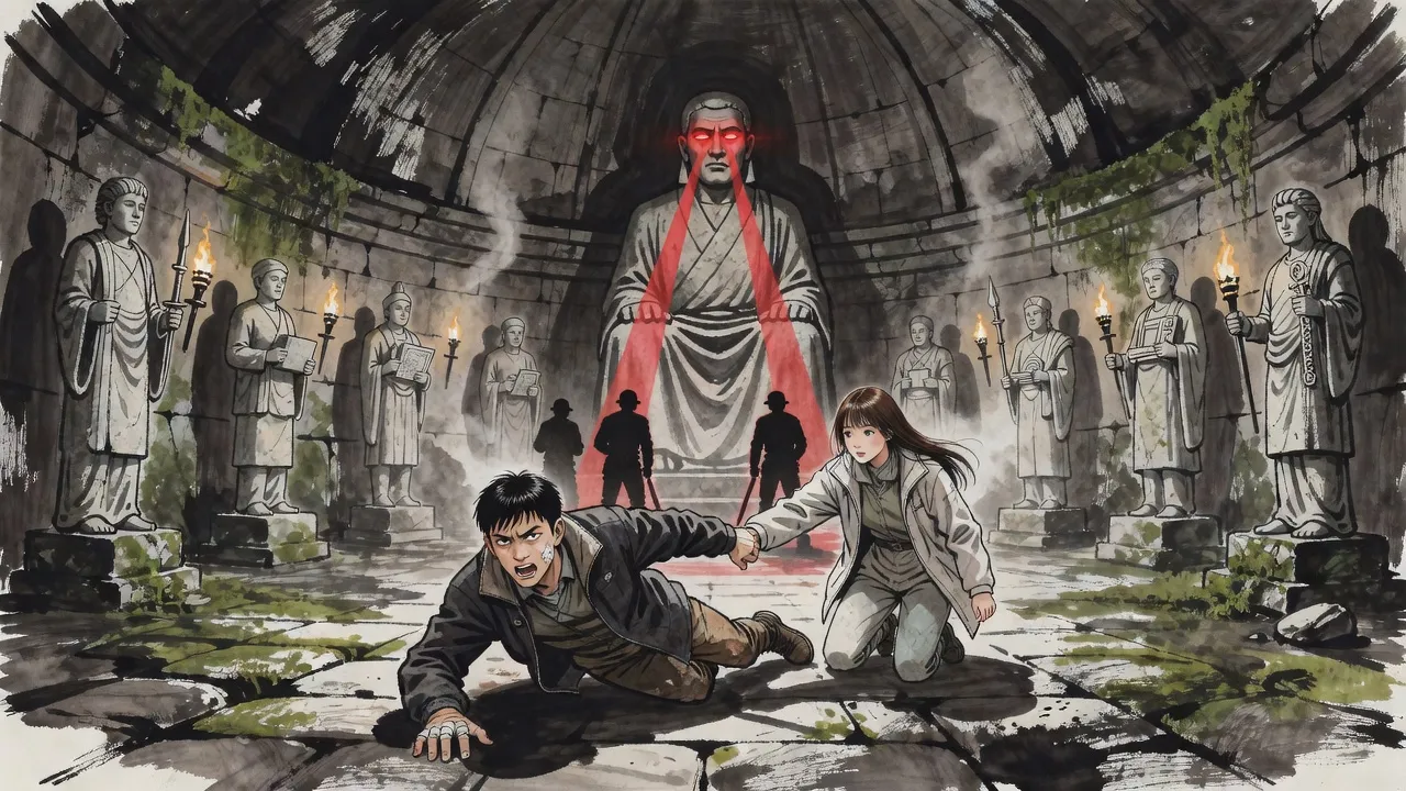 At the far end of a dark temple a colossal seated statue’s eyes blaze red and two red beams lance across the hall, while a young man throws himself flat and drags a young woman down with him.