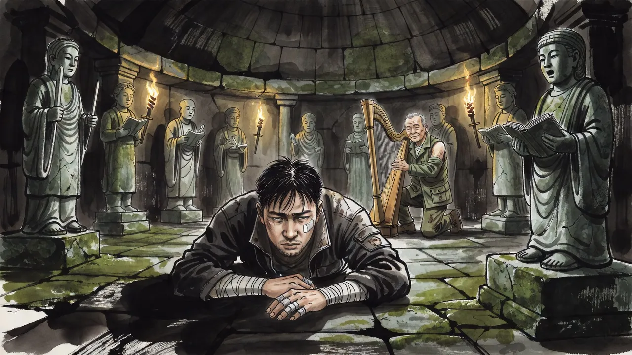 An exhausted young man drags himself across a stone floor toward a stone statue holding an open book, while across the hall a grey-haired man with an empty left sleeve crouches by a stone harpist.