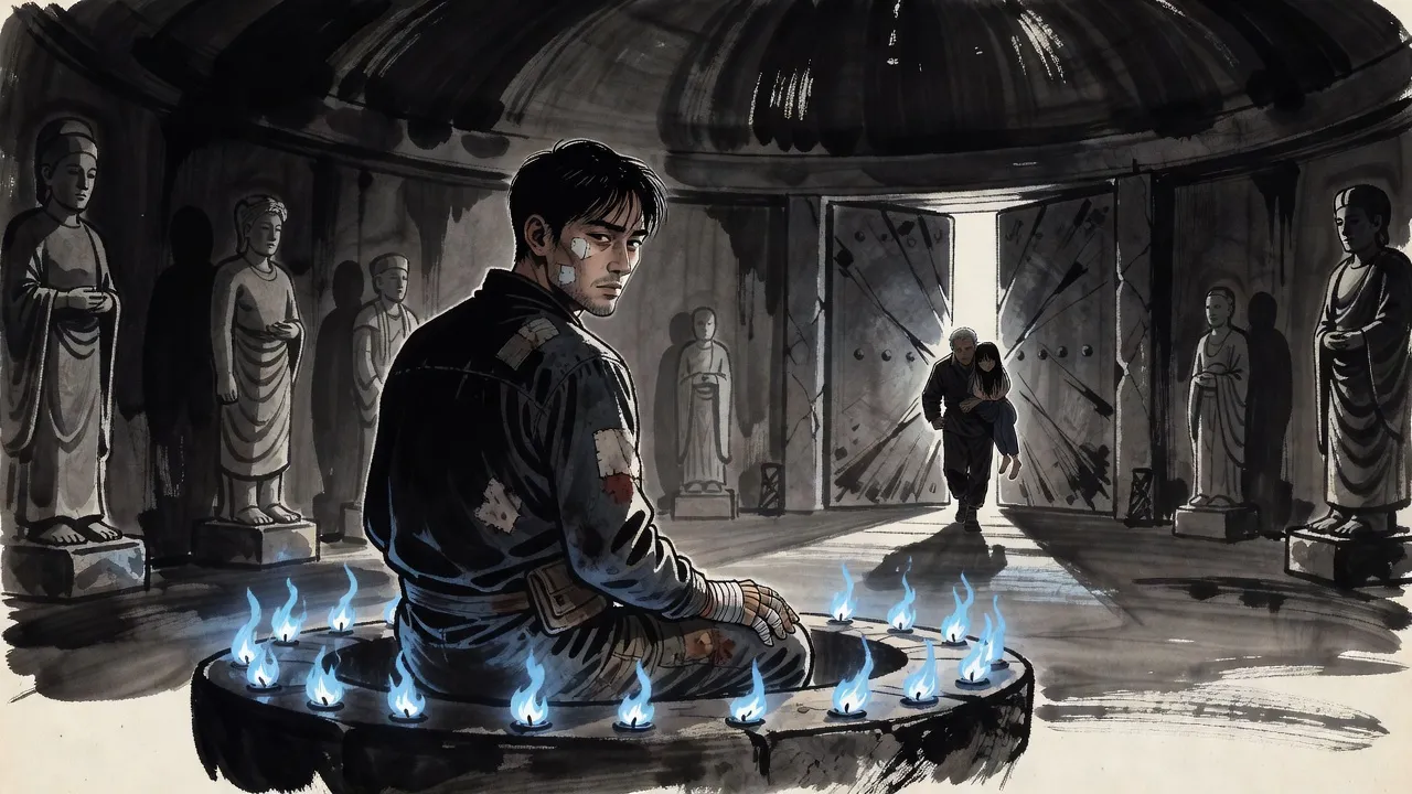 A grey-haired man with an empty left sleeve carries an unconscious young woman over his shoulder through a narrowing gap between huge stone doors, looking back at a young man sitting alone on a flame-ringed altar far behind.