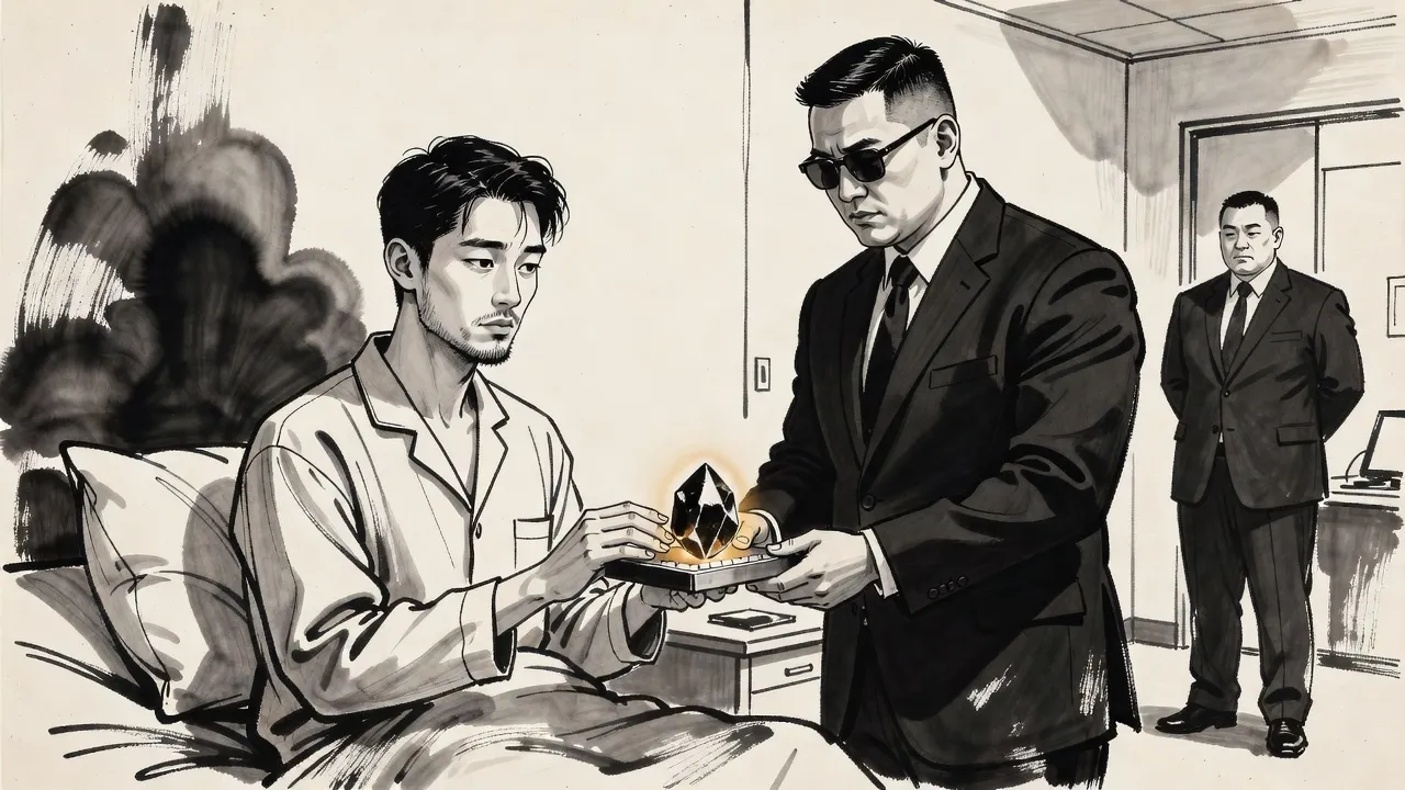 A young man in hospital pyjamas sits up in bed with his hand on a black crystal in a small steel device held out by a broad man in sunglasses and a black suit.