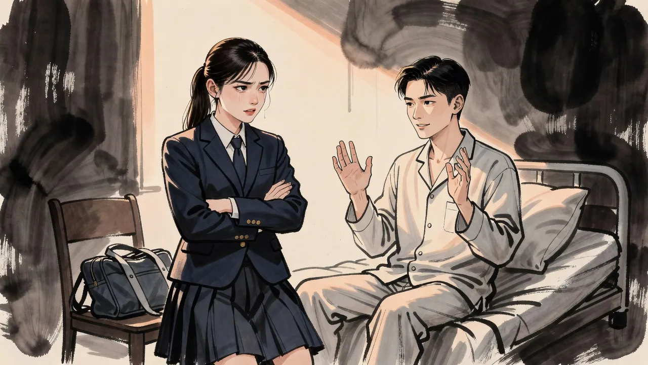 A teenage girl in a navy school uniform stands at a hospital bedside with her arms crossed, glaring through tears, while the young man in the bed raises his hands in surrender.