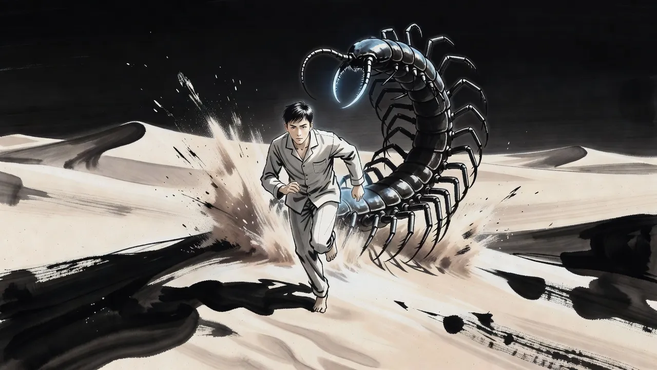 A lone young man sprints down the face of a pale dune under a black sky as a giant black centipede bursts from the sand and rears high above him.