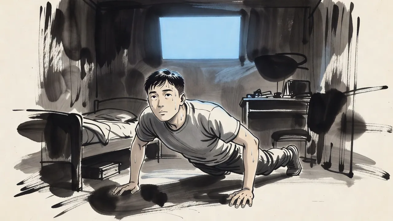 In a small dark bedroom before dawn a young man holds a push-up on the floor, looking up at a blank pane of blue light floating above him.