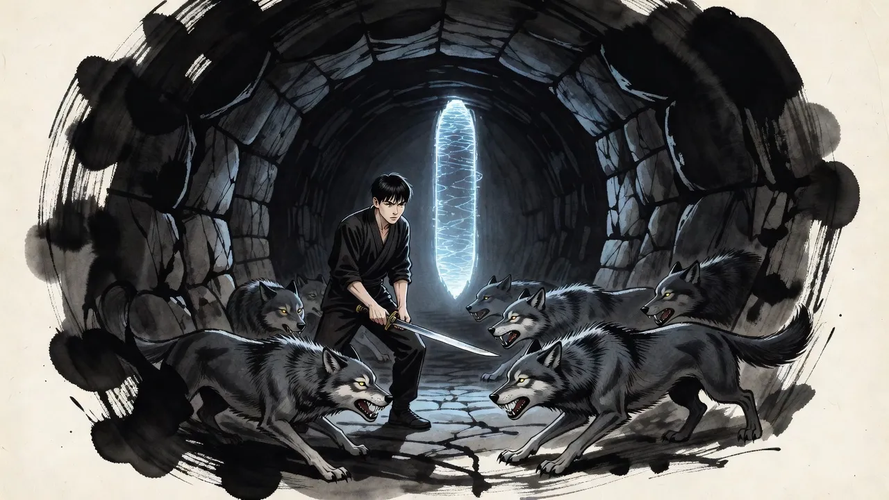 In a dark rock tunnel a young man braces with a cheap short sword as a pack of lean wolves with steel-grey fangs slinks toward him, a blue rift of light behind him.