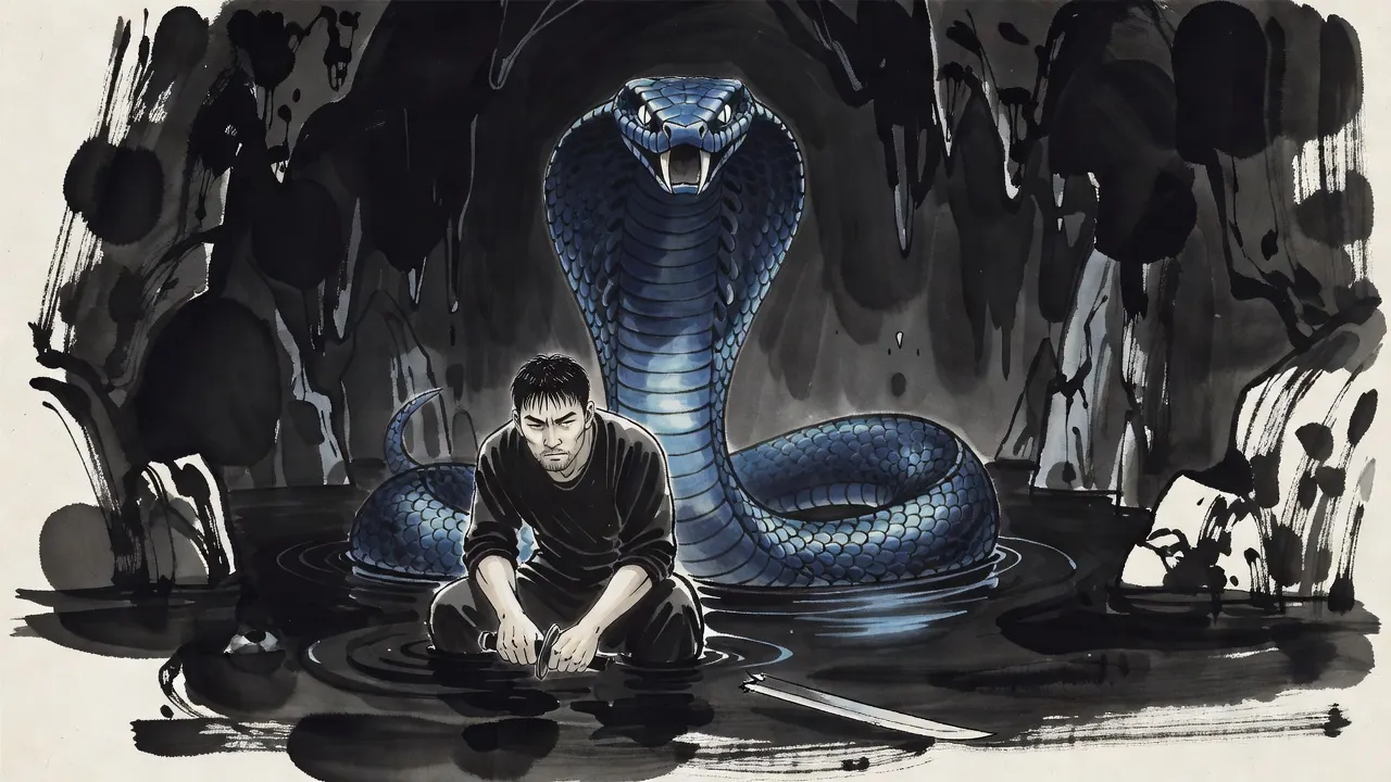 A colossal blue-scaled cobra rears out of black water in a flooded cavern over a young man who crouches knee-deep, holding the hilt of a snapped sword.