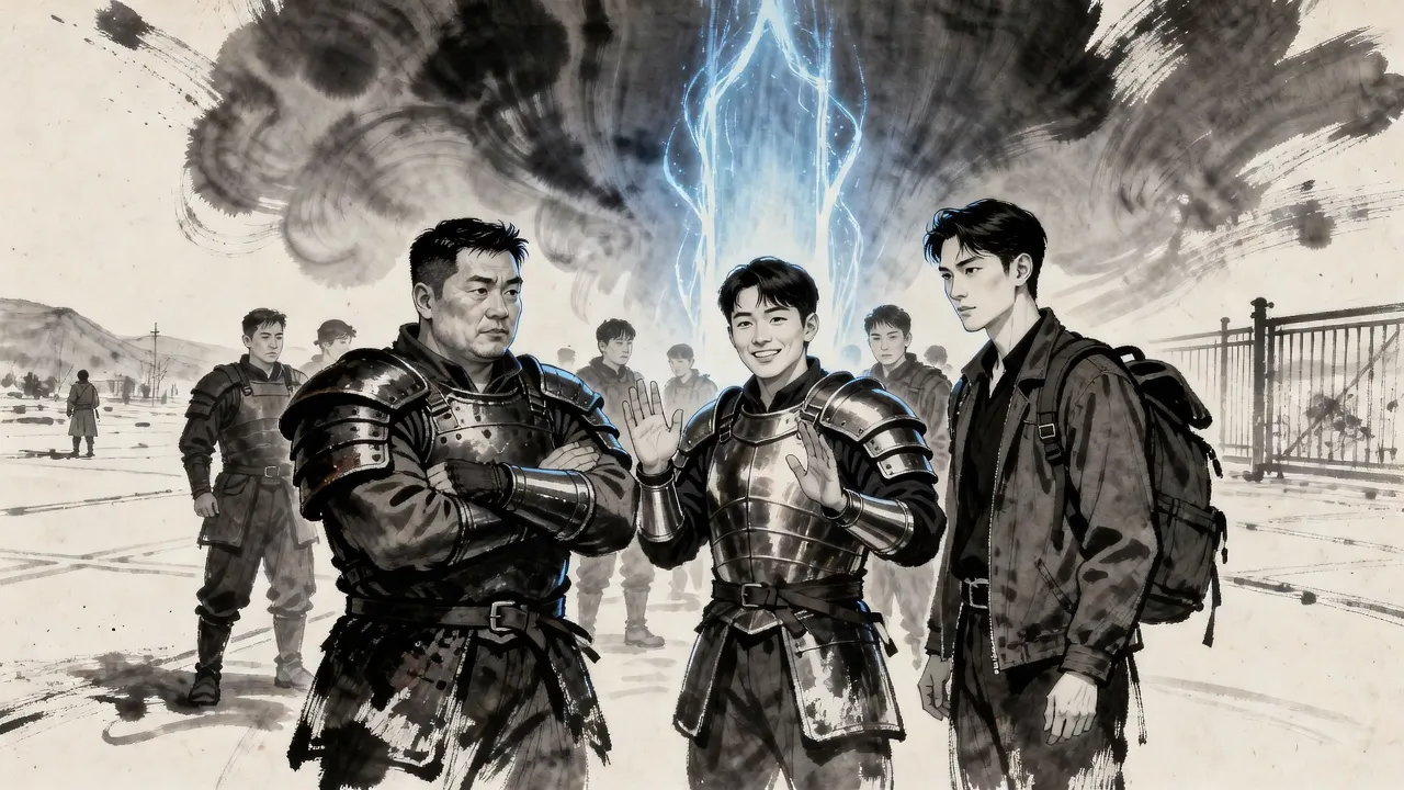 Outside a blue rift of light, a hard-faced man in battered armour sizes up a grinning young man in shiny new armour and a calm, lean young man with a heavy pack on his back.