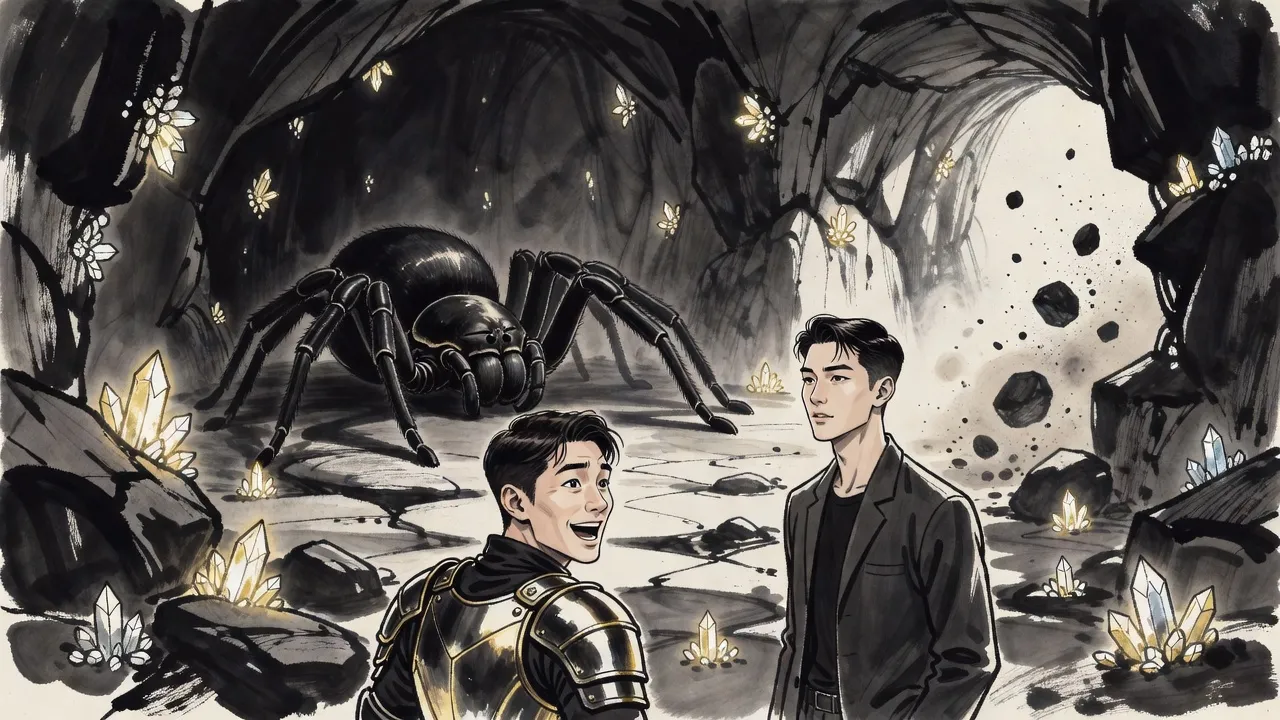 A giant black spider lies asleep in a cavern bristling with glowing crystals while a startled young man in shiny armour turns toward rubble crashing down behind him and a calm young man watches the spider.