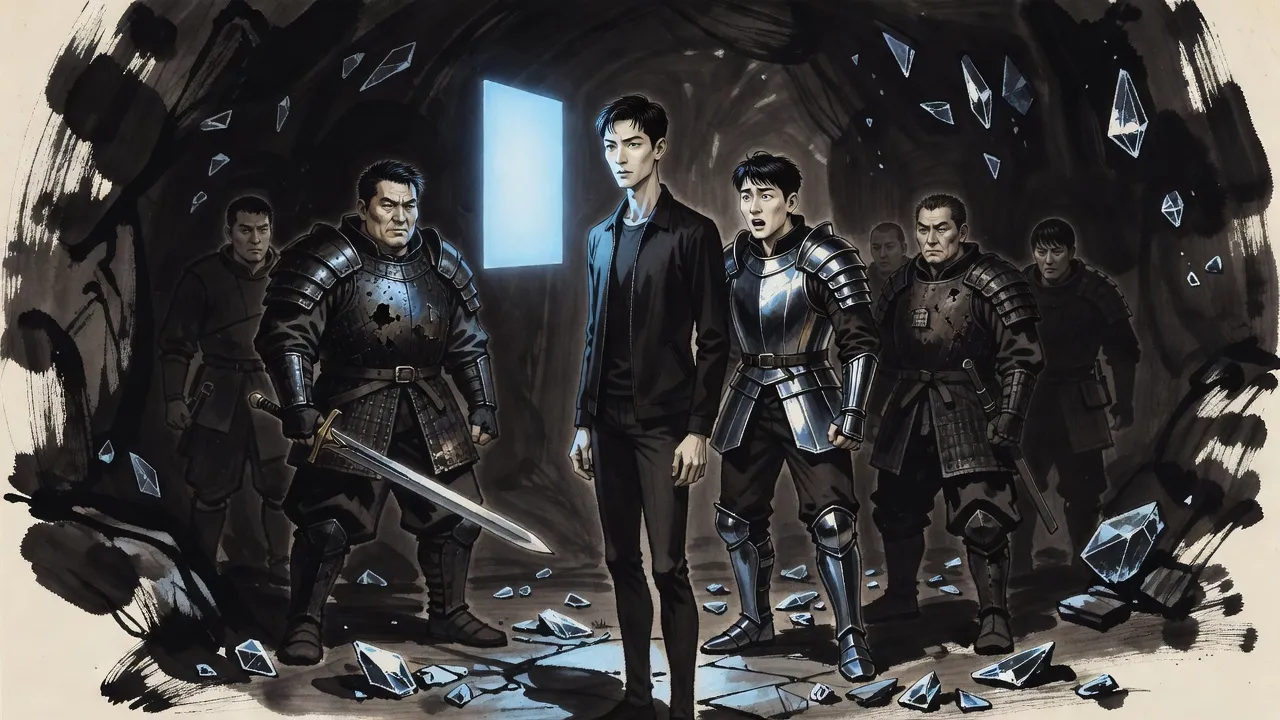 A calm young man stands lit by a blank pane of blue light while a pale young man in shiny armour shakes his head behind him and a hard-faced man with a broadsword watches from a few paces off.