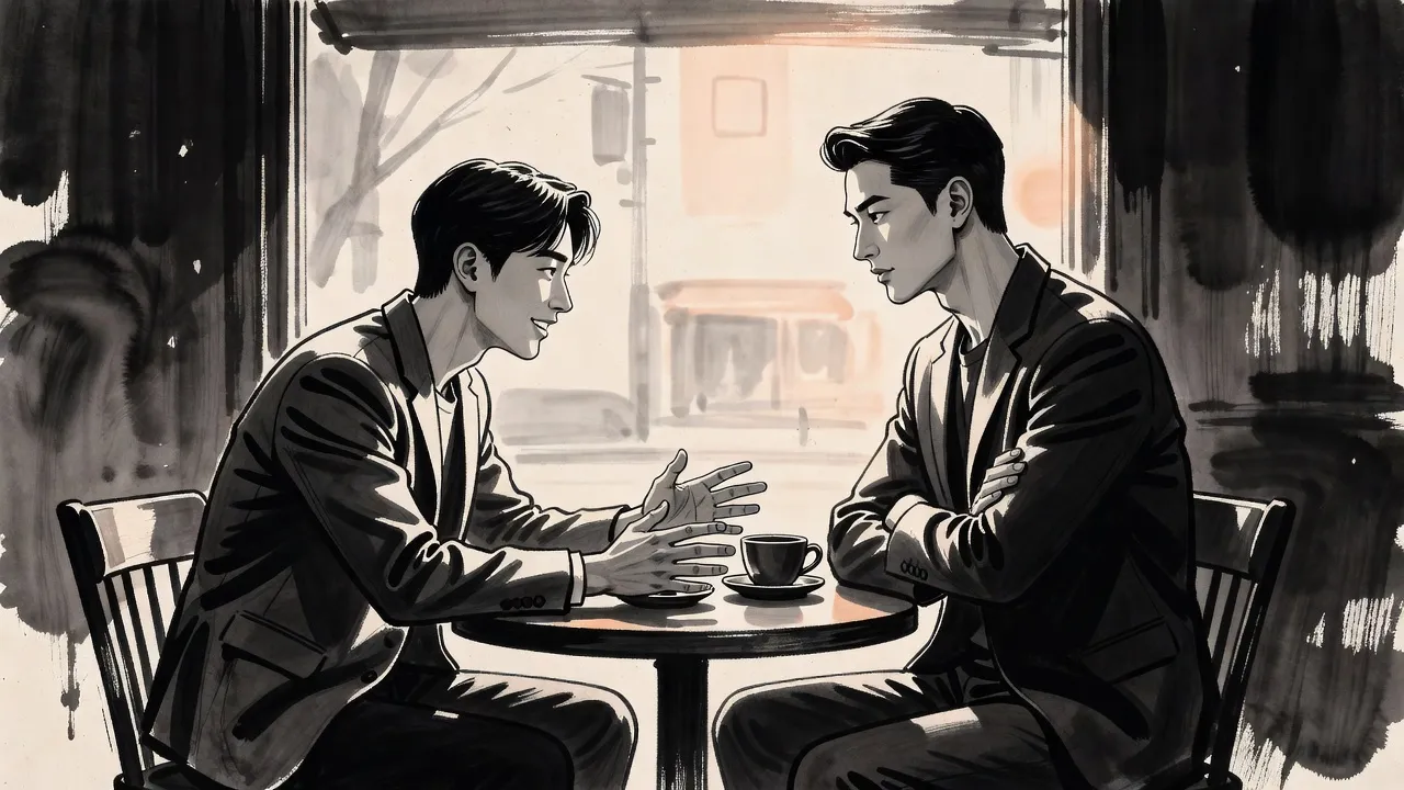 In a small sunlit café a young man in an expensive jacket leans across a table with his hands spread, pleading, while a lean young man sits back with his arms folded.