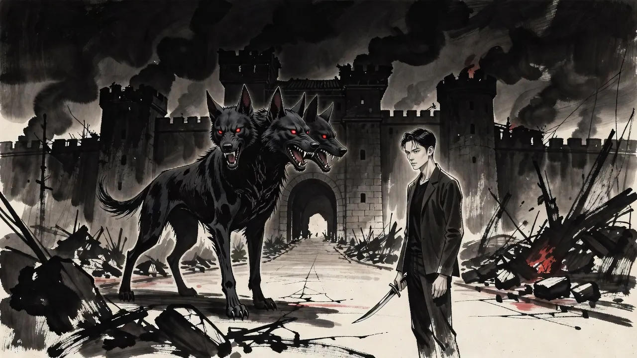 In a ruined, smouldering city at night a towering three-headed black hound with red eyes stands over the rubble before a dark castle wall, facing a lone young man with a dagger.