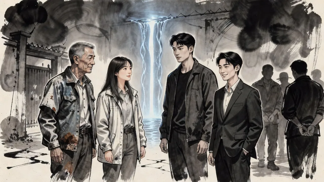 Outside a blue rift of light a grey-haired man with an empty sleeve nods, a young woman beams at a lean young man, and a smiling man in a charcoal suit stands apart beside three handcuffed figures.