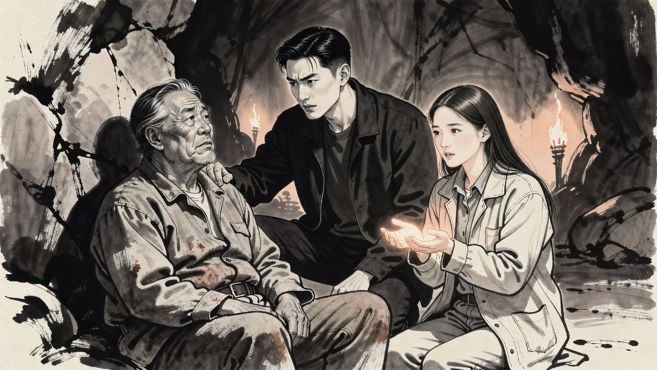 In a torchlit cave a grey-haired man slumps dying against the rock wall, looking up in shame at a young man who kneels gripping his shoulder, a young woman with softly glowing hands behind them.
