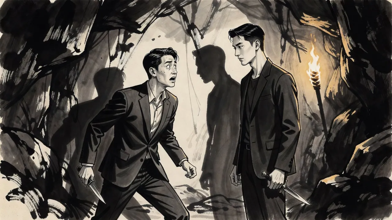 In a torchlit cave a man in a charcoal suit stands frozen mid-lunge with a knife, rigid with terror, as a calm young man steps toward him with a lowered dagger.