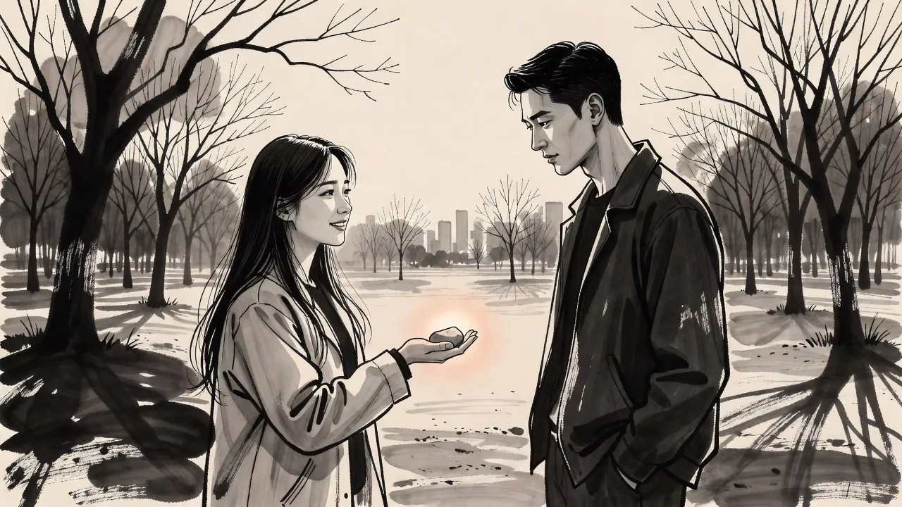 In a bare winter park a young woman with long dark hair holds out a small, dull grey stone on her open palm to a lean young man, smiling bravely.