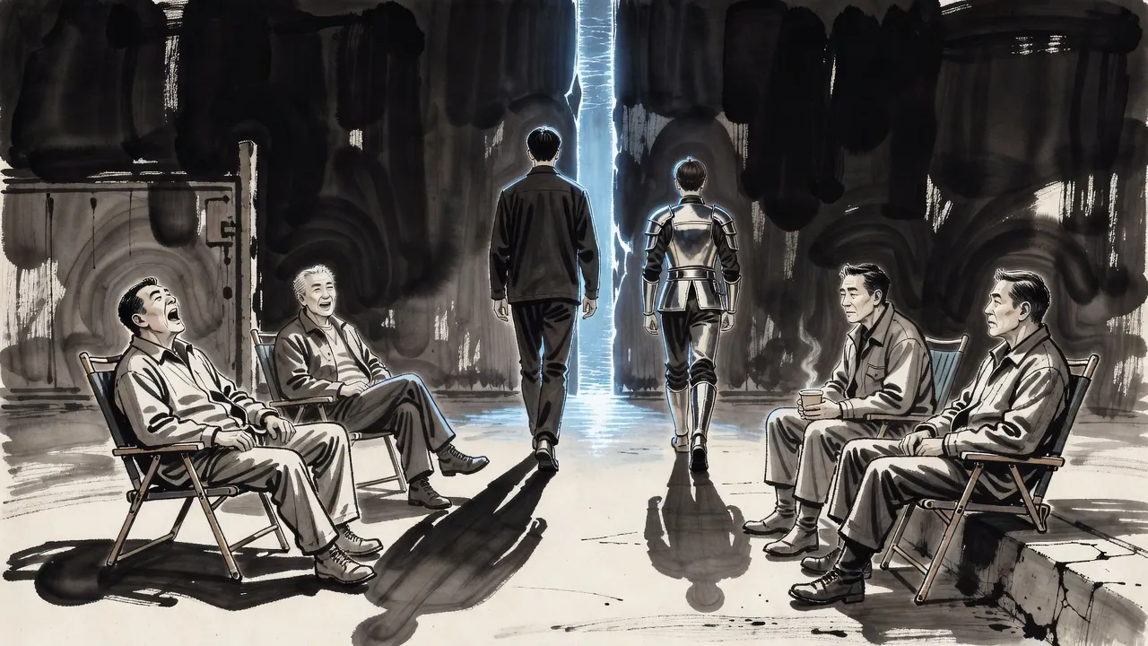 Outside a blue rift of light, a few mismatched hunters lounge idly on folding chairs while two young men, one in shiny armour, walk straight into the rift.