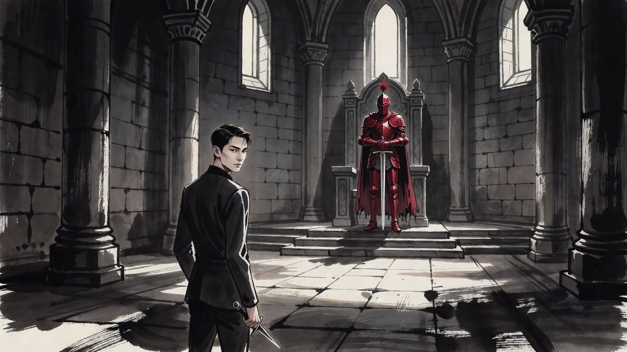 In a vast grey stone throne hall a tall knight in blood-red plate stands motionless before an empty throne, while a lone young man with a dagger stands small in the doorway at the near end.