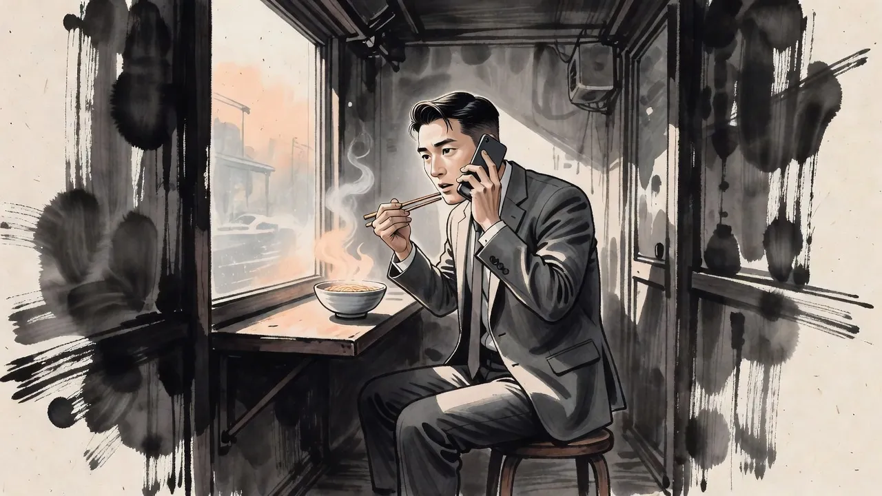 A man in a grey suit sits frozen at a cheap noodle counter, chopsticks lifted halfway to his mouth and a phone pressed to his ear.