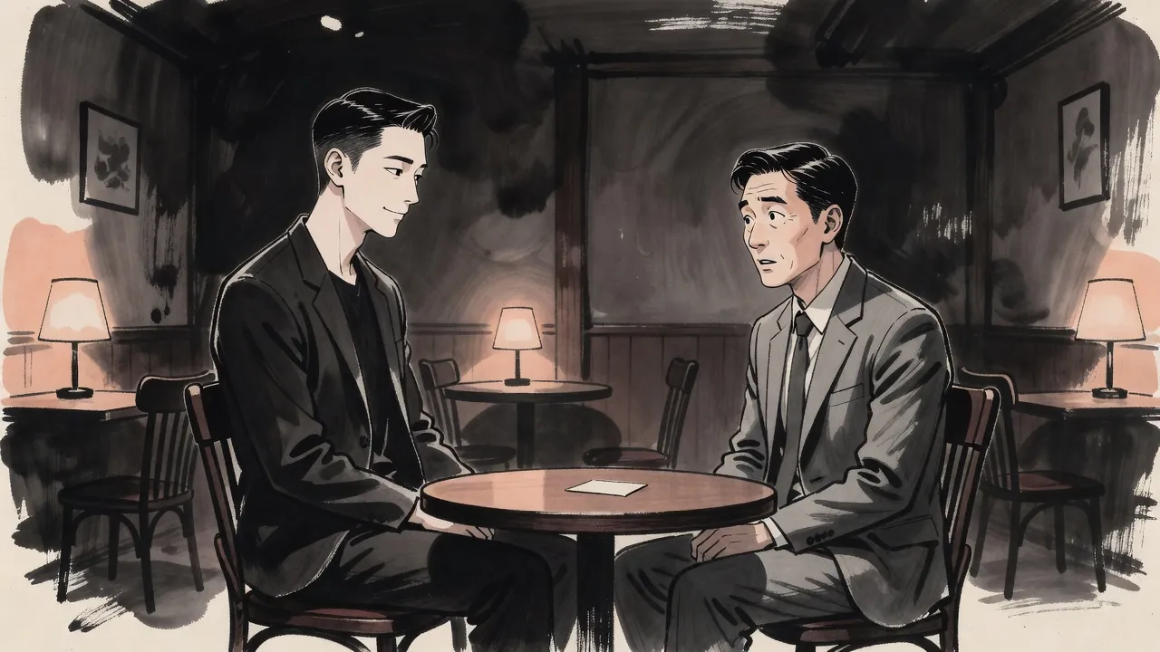 In a small lamplit café at night a lean young man leans back, unconcerned, while across the table a man in a grey suit stares at him, speechless, a blank business card lying between them.