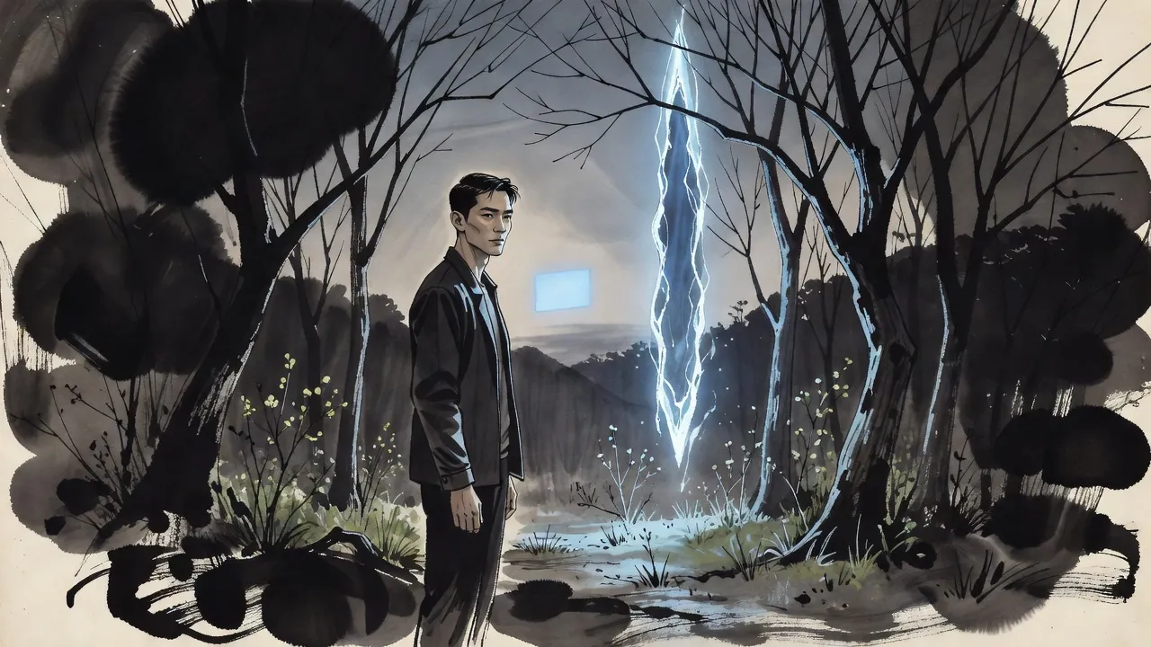 At dusk in a quiet wood a lone young man stands before a tall rift of cold blue light tearing open between the trees, a small pane of blue light at his shoulder.