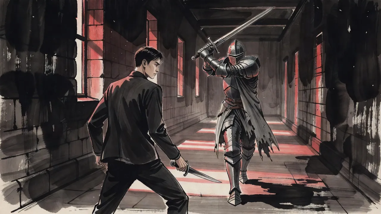 In a cold stone castle corridor a heavily armoured knight charges with a raised longsword at a young man braced low with a short dagger.