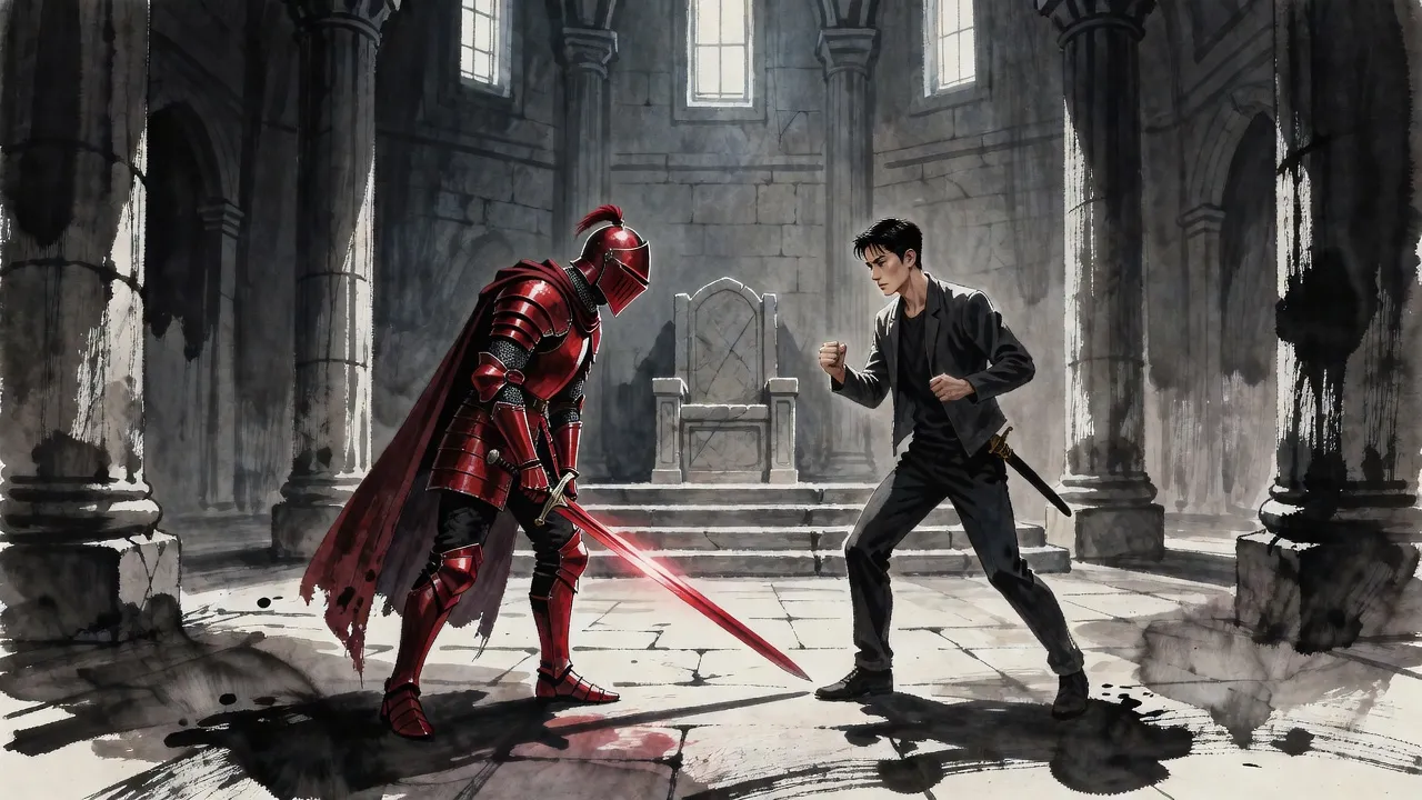In a vast grey throne hall a tall knight in blood-red plate lays his great sword flat on the floor while the young man facing him raises empty fists.