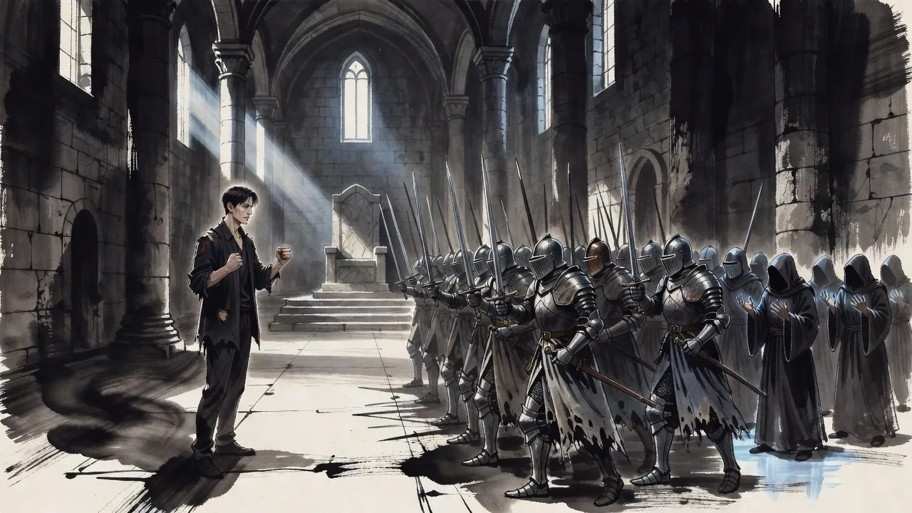 In a grey throne hall a lone, exhausted young man stands bare-handed before a wall of armoured knights that fills the hall, robed figures glowing at the back.