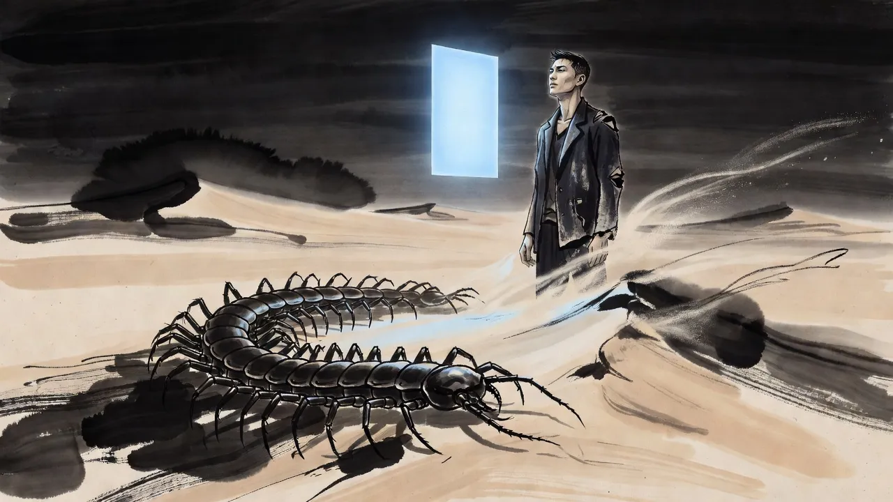 In a vast desert a battered young man stands beside the coiled black carcass of a giant centipede, looking at a blank pane of blue light floating before him.