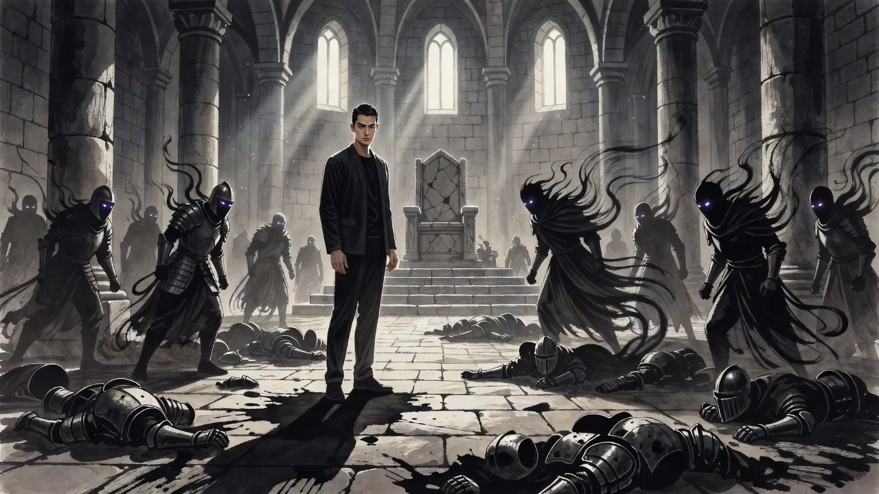 In a ruined grey throne hall a young man in a dark jacket stands with one hand lowered as smoky black soldiers with points of violet light for eyes climb up out of the floor around him.