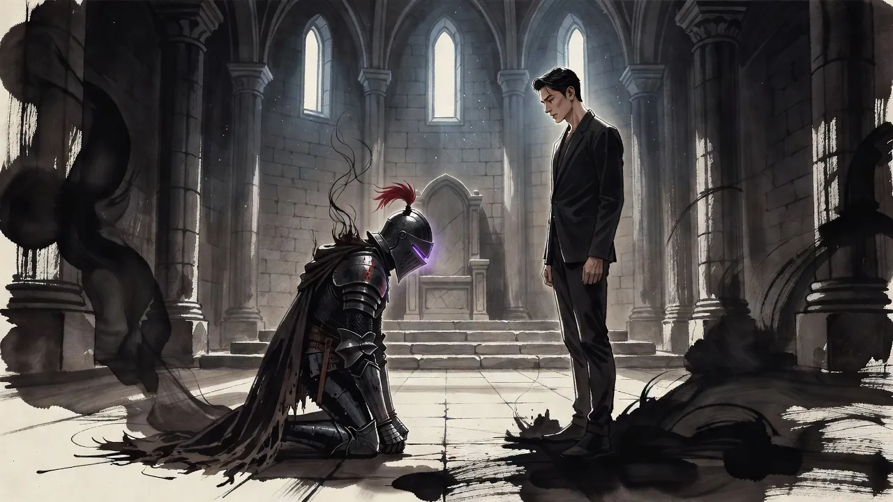 Before an empty stone throne a tall knight of dark iron that smokes like wet ink, a short crimson crest on his helm, kneels on one knee to a young man in a dark jacket.