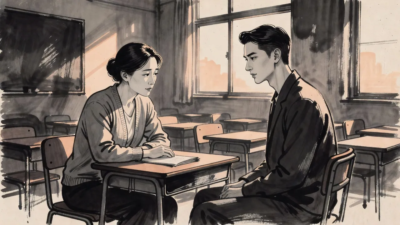 In an empty classroom in late-afternoon sun a teacher leans across a desk toward a calm young man in a new dark jacket, who answers her firmly.