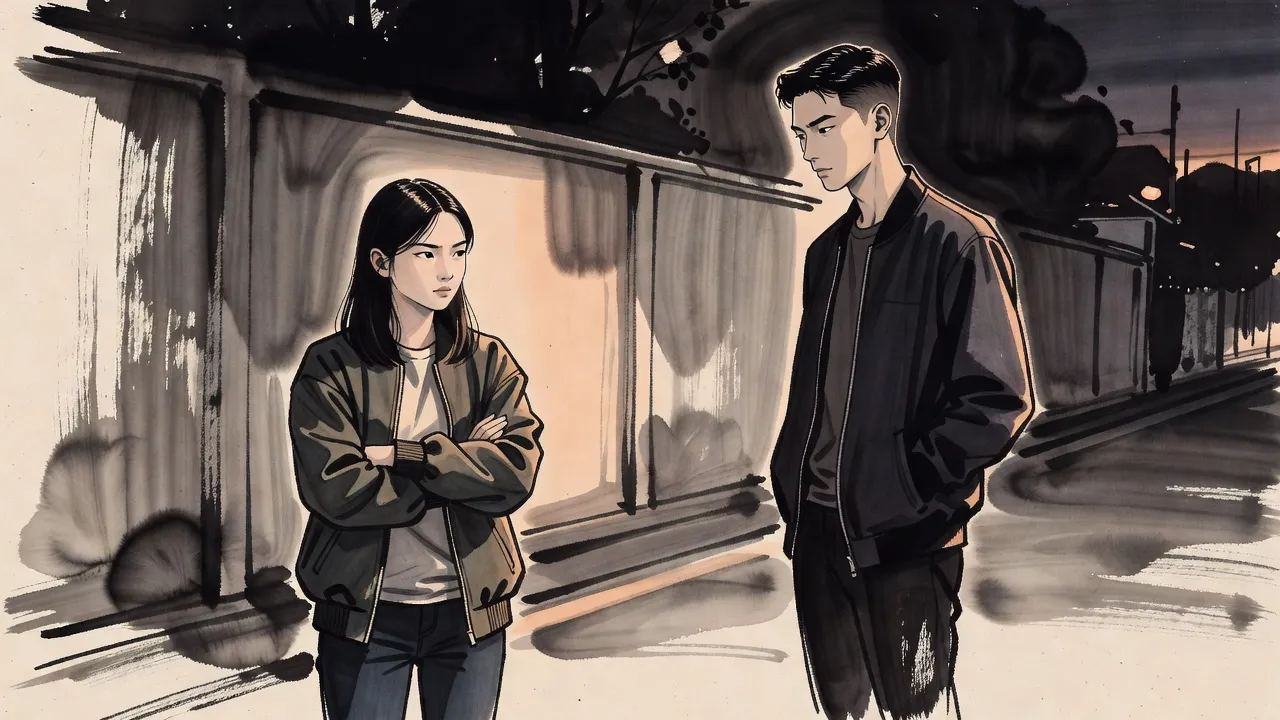 On a quiet street outside a school a defiant teenage girl in a bomber jacket folds her arms and glares up at a tall young man standing a few paces off, unimpressed.