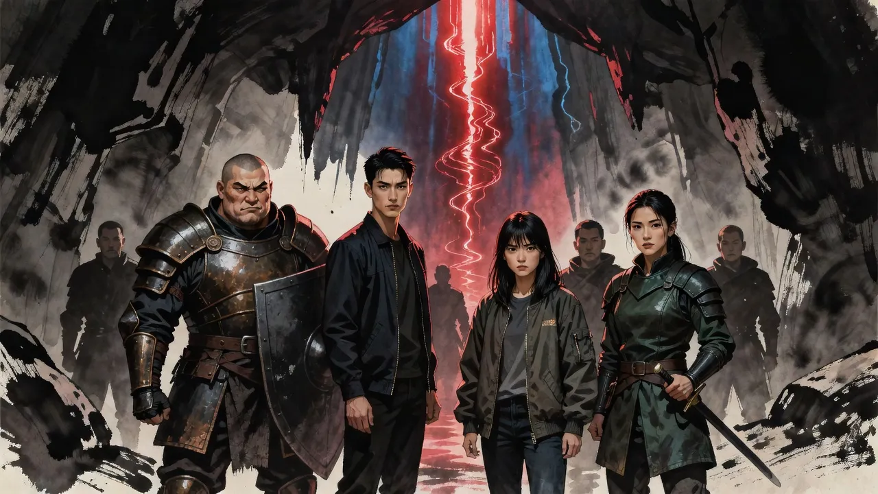 Inside a rock cave a towering rift of light flushes from blue to deep crimson as a party of hunters turns to stare at it, a big armoured man with a tower shield at their head.