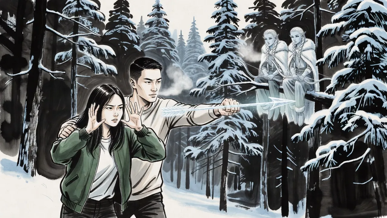 In a snowy forest of tall frosted evergreens a young man’s raised fist closes on a glittering arrow of ice a hand’s breadth from a startled girl’s face, pale figures half-hidden in the branches above.