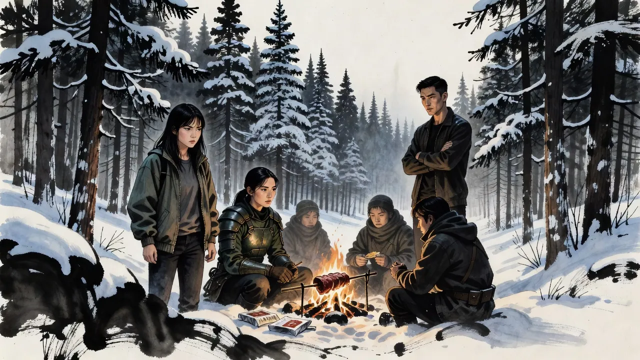 Around a crackling campfire in a snowy clearing a few hunters in thick new winter coats eat and warm their hands while a lean young man stands at the edge of the light, watching the trees.