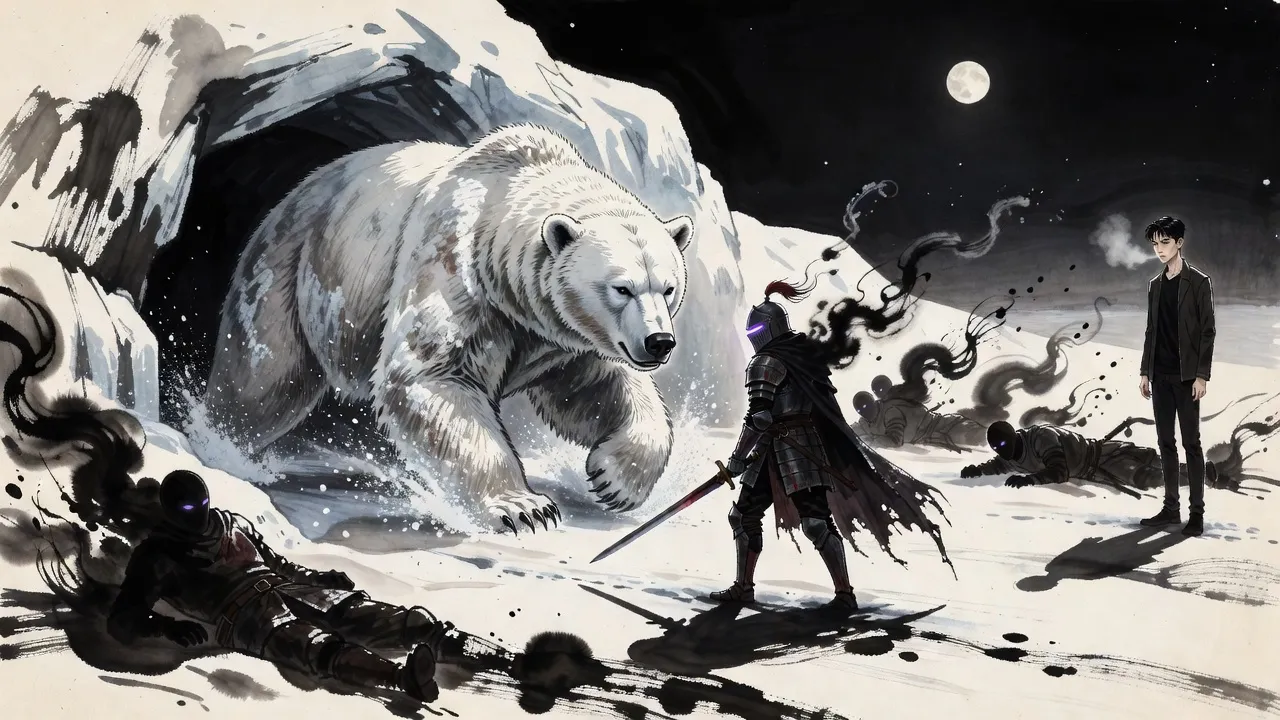 On a moonlit snowfield before a cave mouth a tall knight of dark smoking iron stands braced alone against a charging white bear as big as a tank, broken smoky soldiers scattered behind him.